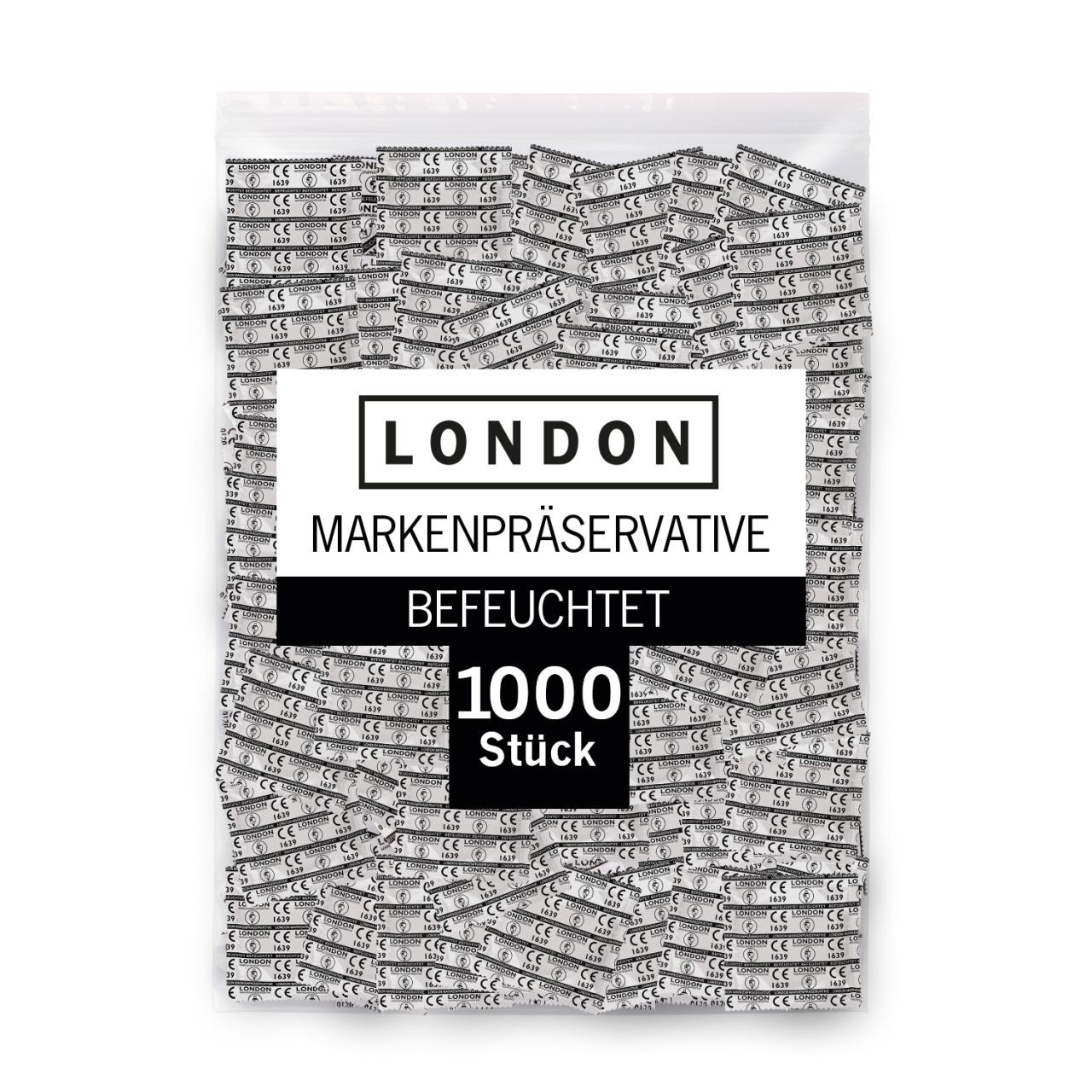 Beutel mit Kondomen. Aufschrift: LONDON, Markenpräservative, Befeuchtet, 1000 Stück. CE-Kennzeichnung.