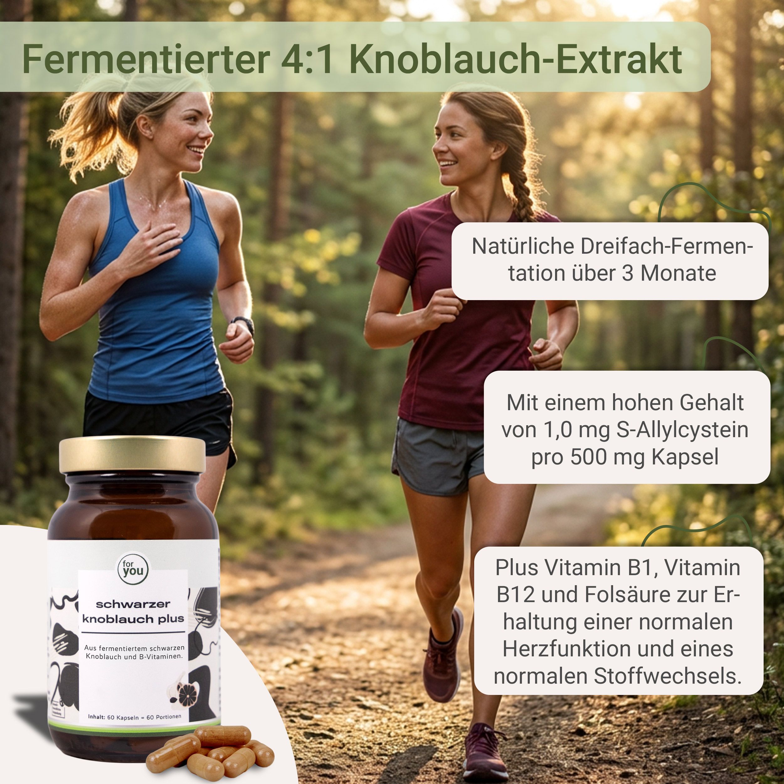 Zwei Frauen laufen im Freien. Eine Flasche des Produkts steht im Vordergrund.
