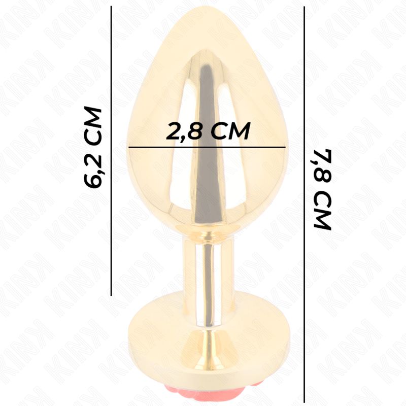 Goldfarbener Analplug mit roter Rosenbasis. Abmessungen: 6,2 cm x 7,8 cm, 2,8 cm breit.