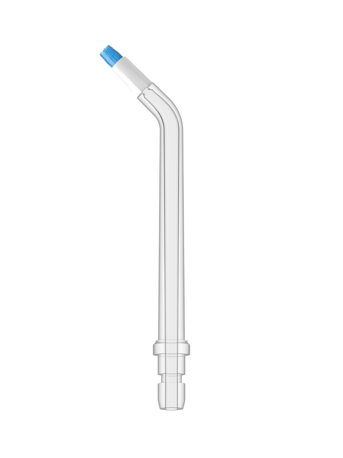 Zahnspangen-Düse, transparent, mit blauem Bürstenkopf. Gebogene Form mit langem, zylindrischem Schaft.