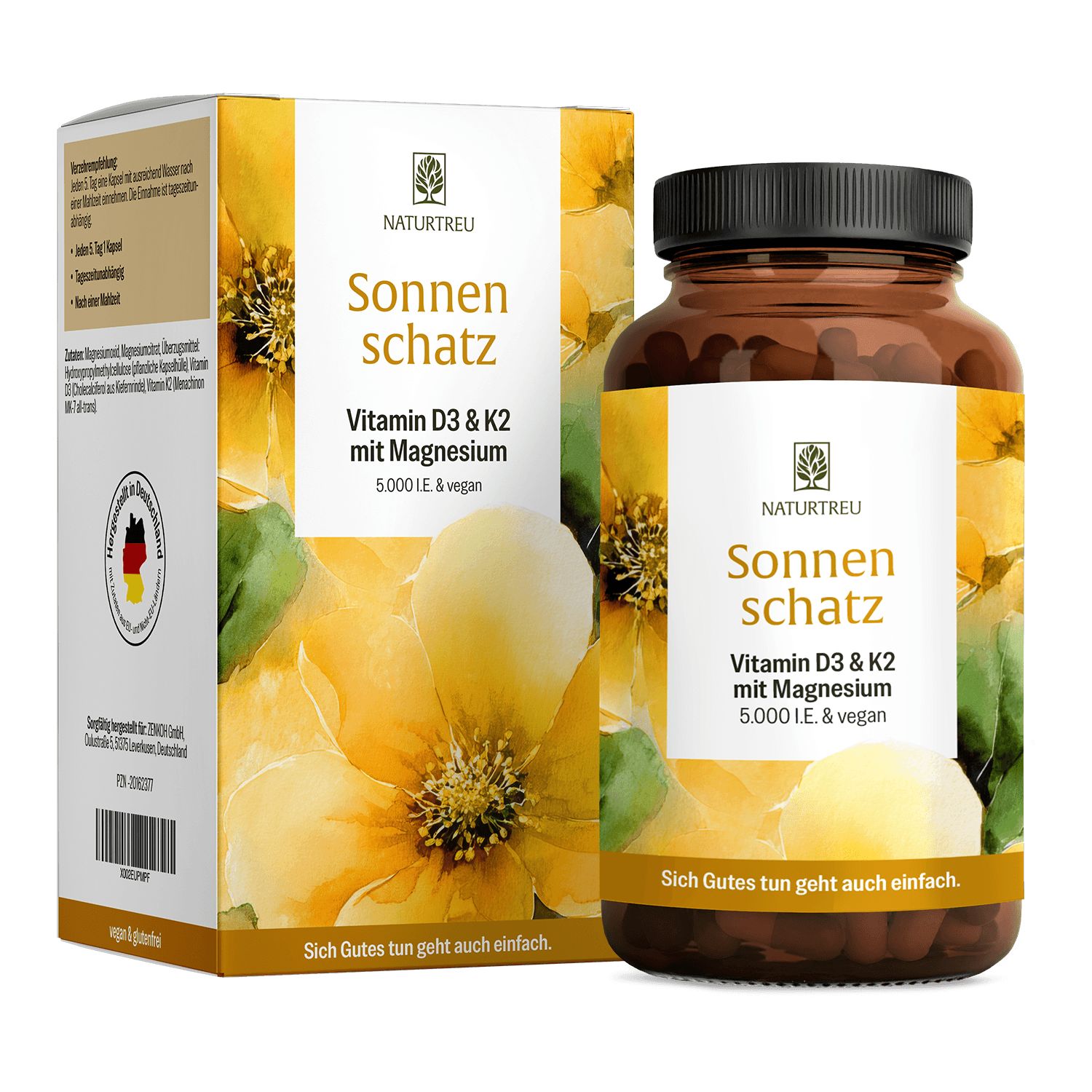 Braune Flasche und Karton mit Produktaufdruck. Aufschrift: Sonnenschatz Vitamin D3 & K2 mit Magnesium. 5.000 I.E. & vegan. Mit Sonnenblumen-Design.