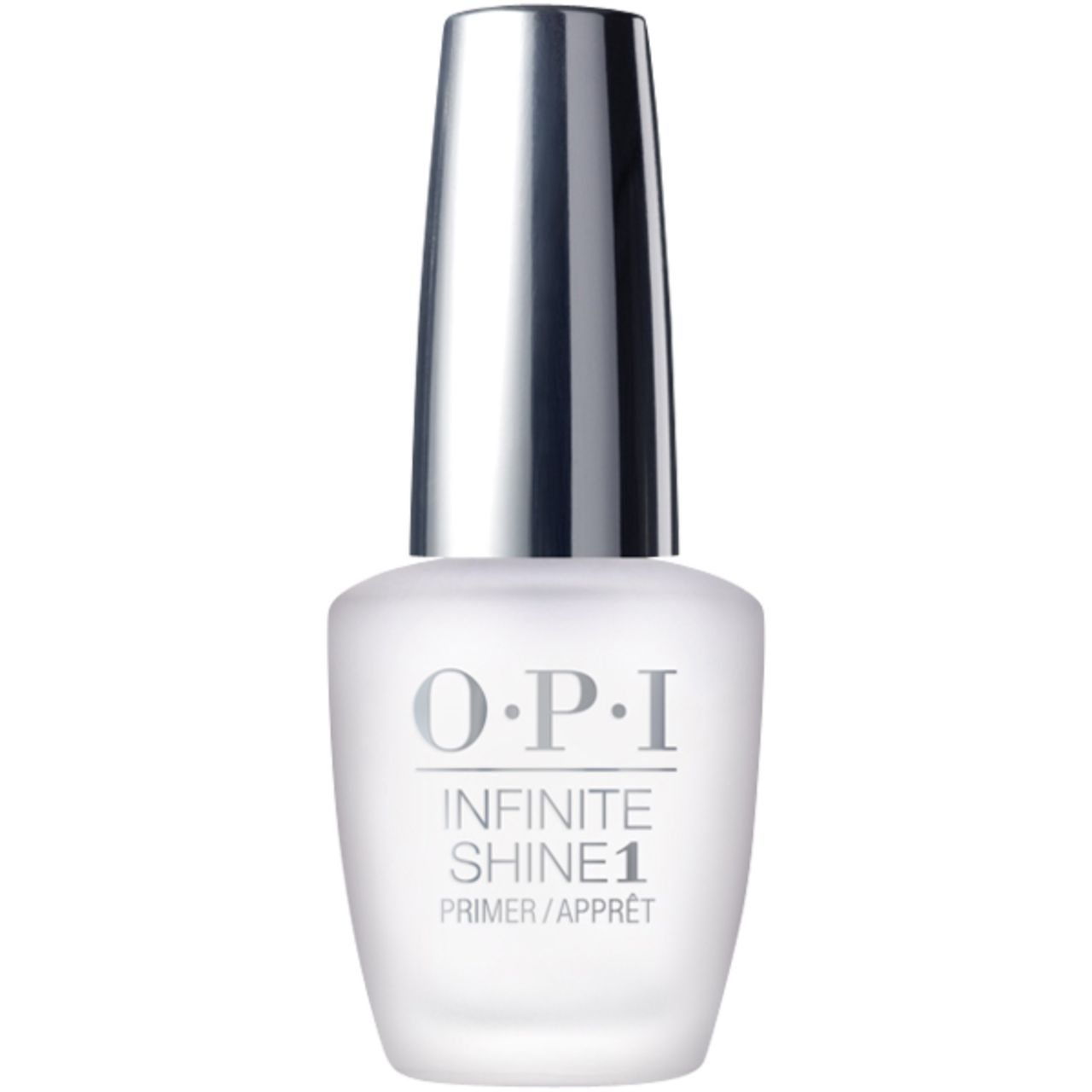 OPI Infinite Shine Base Coat. Flasche mit silbernem Deckel. Aufschrift: O.P.I, Infinite Shine 1, Primer/Apprêt.