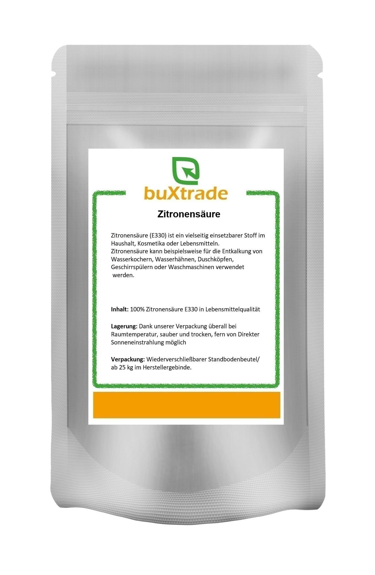 Beutel mit Produktetikett. Aufschrift: buXtrade Zitronensäure. Grün-weißes Etikett mit Text. Wiederverschließbarer Standbodenbeutel.