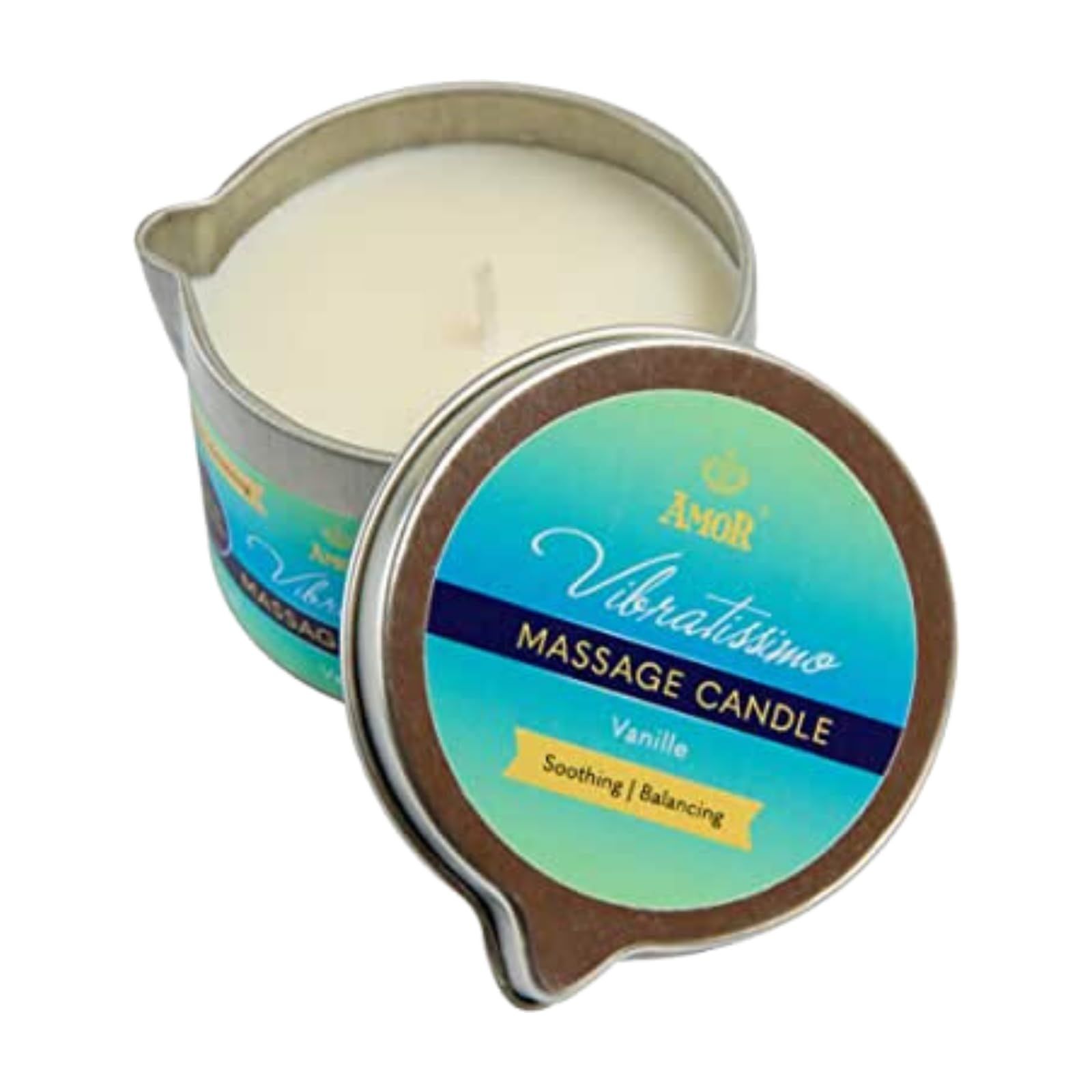 AMOR Vibratissimo Massagekerze Vanille in Metalldose. Beschriftung: Soothing | Balancing.