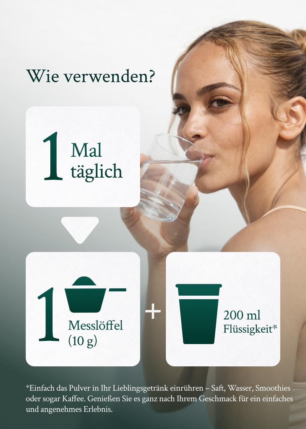 Eine Frau trinkt ein Glas Wasser, daneben Anweisungen zur Zubereitung eines Getränks mit Pulver.