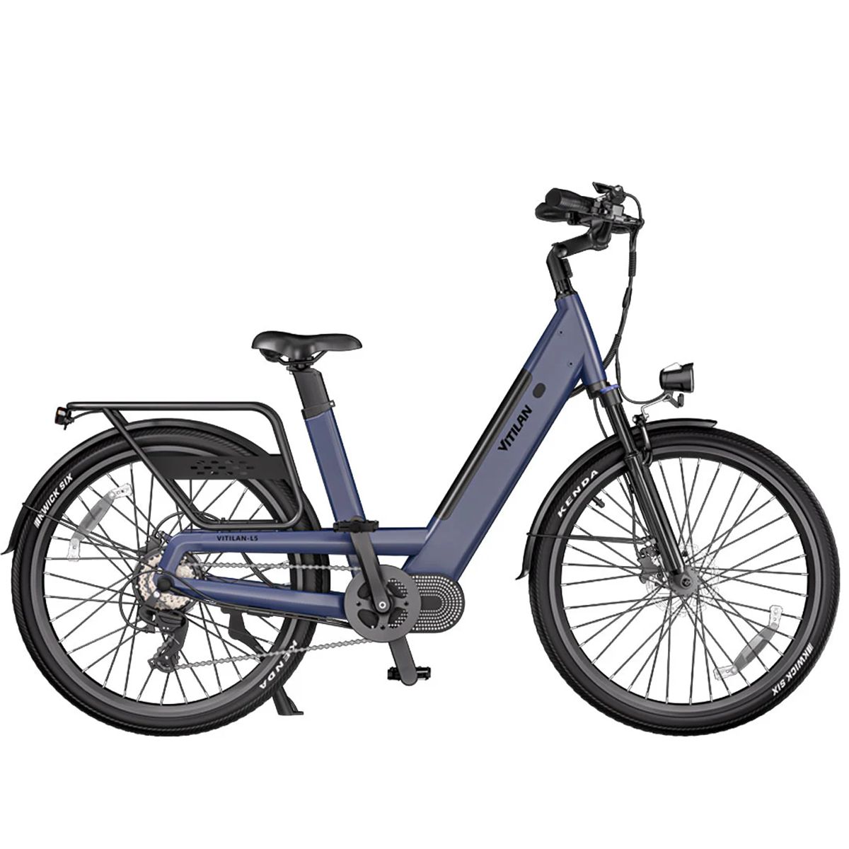 Blaues Elektrofahrrad Vitilan L5 mit Gepäckträger, Scheinwerfer und Kenda-Reifen. Sichtbare Marke.
