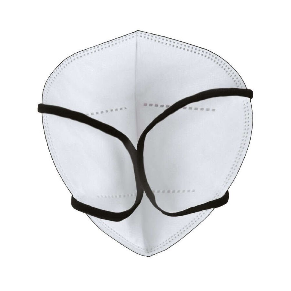 Innenansicht einer weißen Atemschutzmaske mit schwarzen Ohrschlaufen. Innenfutter und Nähte sichtbar.