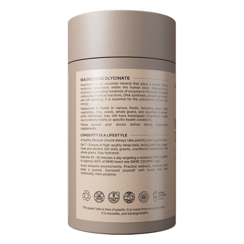 Behälter mit Magnesiumglycinat-Informationen, Recycling-Symbolen und Qualitätssiegeln.