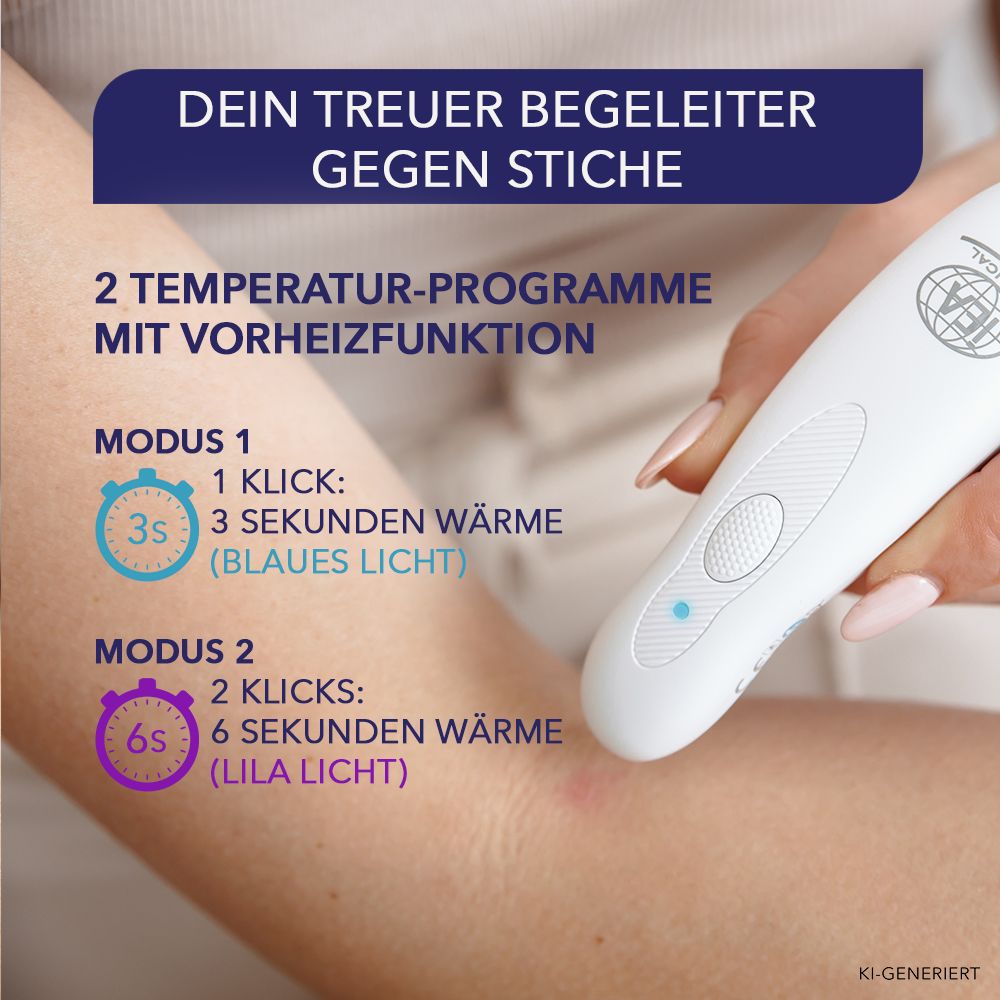Nahaufnahme des IEA Medical Insektenstichheilers mit zwei Temperaturprogrammen.
