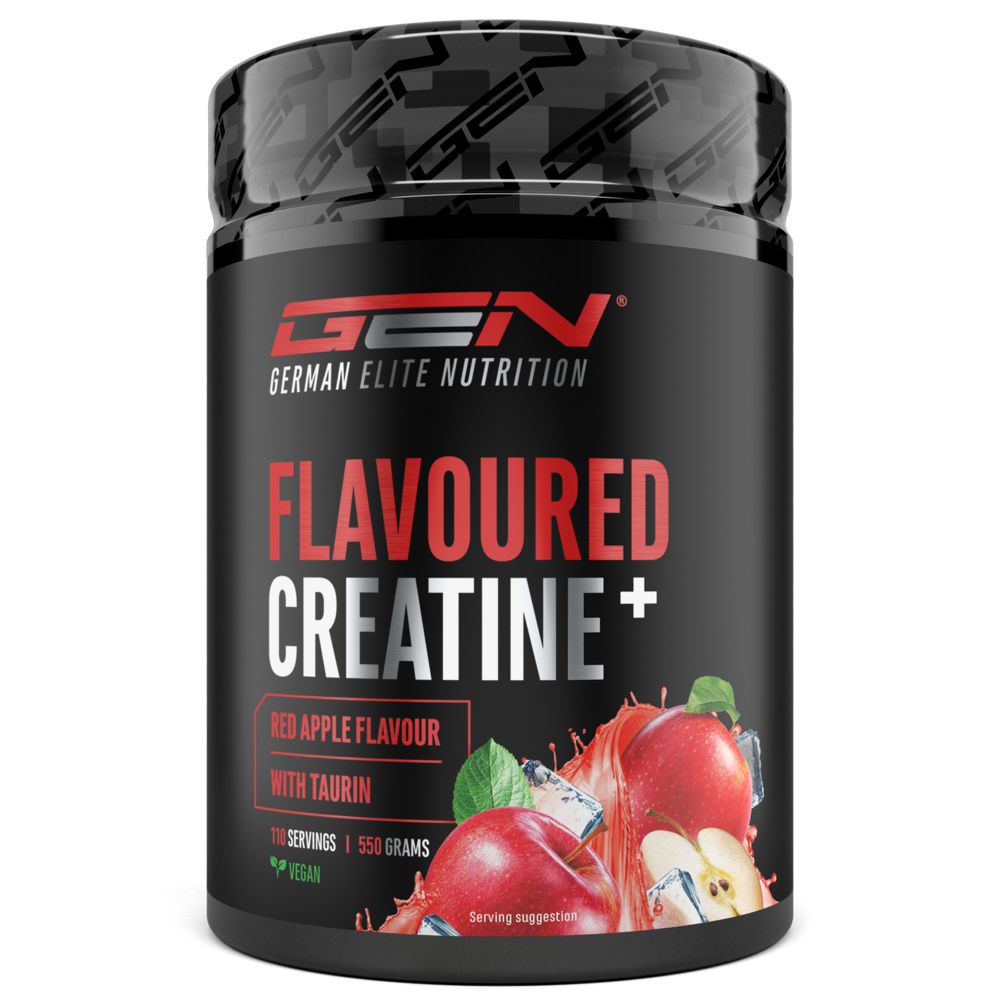GEN Flavoured Creatine+ Dose mit rotem Apfel. Enthält 110 Portionen. Roter Apfel Geschmack mit Taurin. Vegan.
