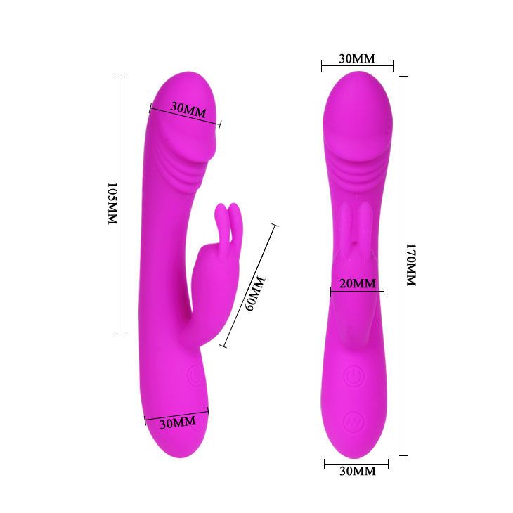 Zwei Ansichten eines lila Vibrators mit Kaninchenohren-Design. Abmessungen in mm angegeben.