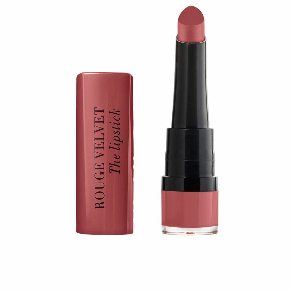 Lippenstift, rosa Lippenstift mit schwarzem Gehäuse und rosa Hülse. Schriftzug: ROUGE VELVET The lipstick.