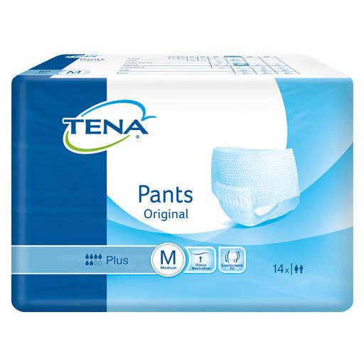 TENA Pants Original Plus Packung. Blaue Verpackung mit Produktabbildung und Logo. Größe M.