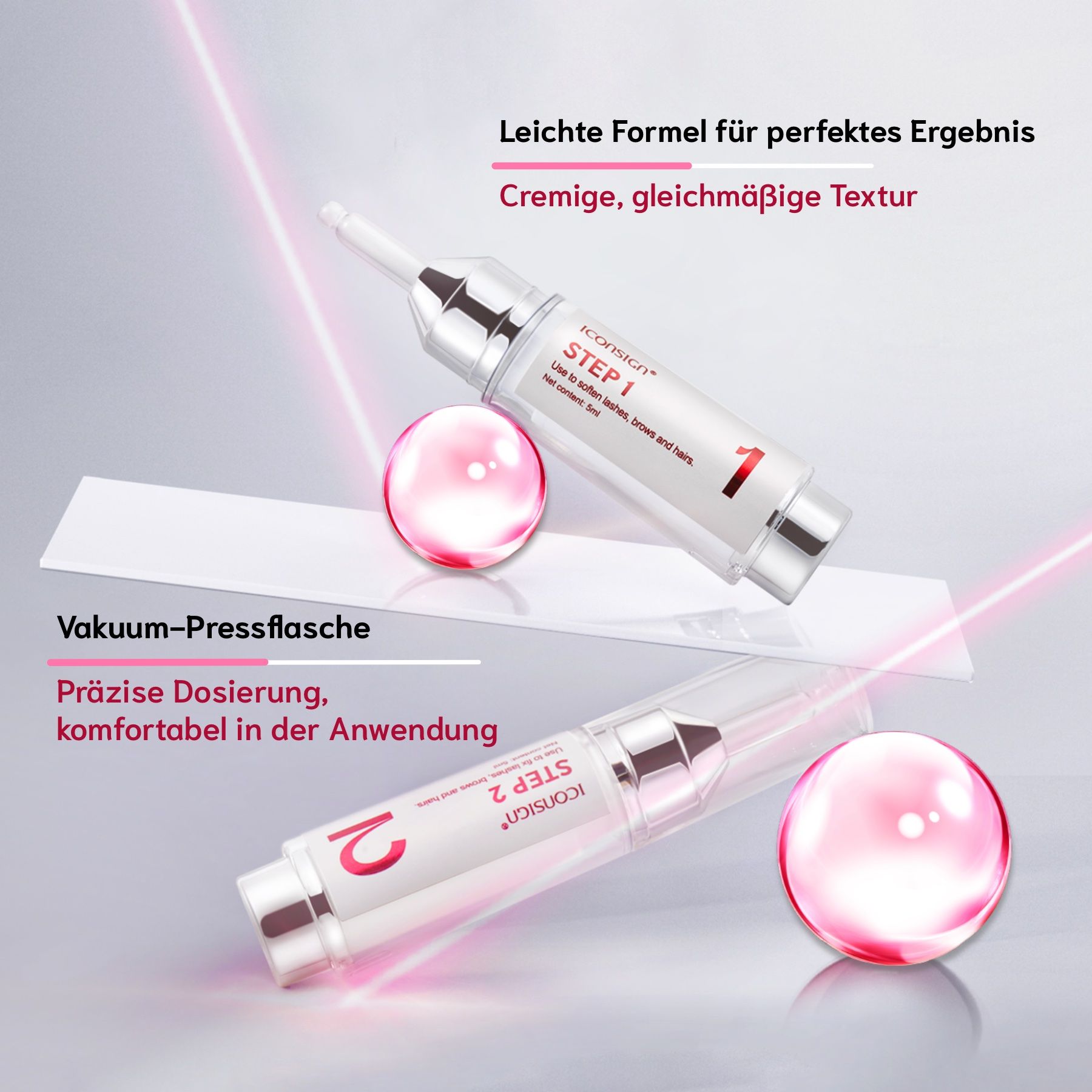 Zwei Flaschen mit "STEP 1" und "STEP 2". Auf den Flaschen steht "ICONSIGN". Text über eine leichte Formel und rosa Kugeln.
