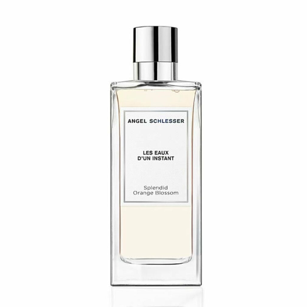 Parfümflakon mit silbernem Verschluss. Auf dem Etikett steht "Angel Schlesser", "Les Eaux d'un Instant" und "Splendid Orange Blossom".