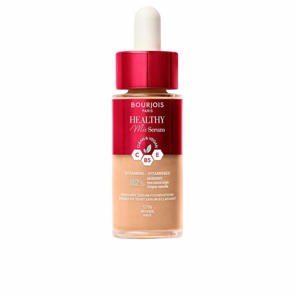 Foundation-Serum-Flasche mit rotem Deckel und weißem Applikator. Aufschrift: Bourjois Healthy Mix Serum. Farbton: 57N Bronze.