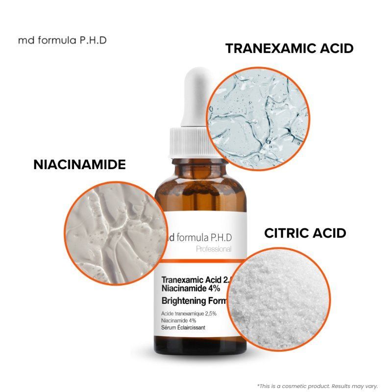 MD Formula Serum mit Nahaufnahmen von Tranexamsäure, Niacinamid und Zitronensäure.