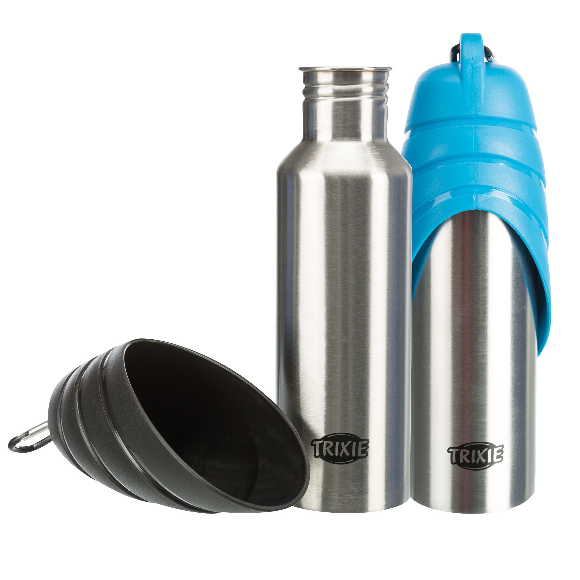 Edelstahl-Trinkflasche für Hunde mit Trinknapf. Flaschen und Napf aus Metall und Kunststoff. Marke: TRIXIE.