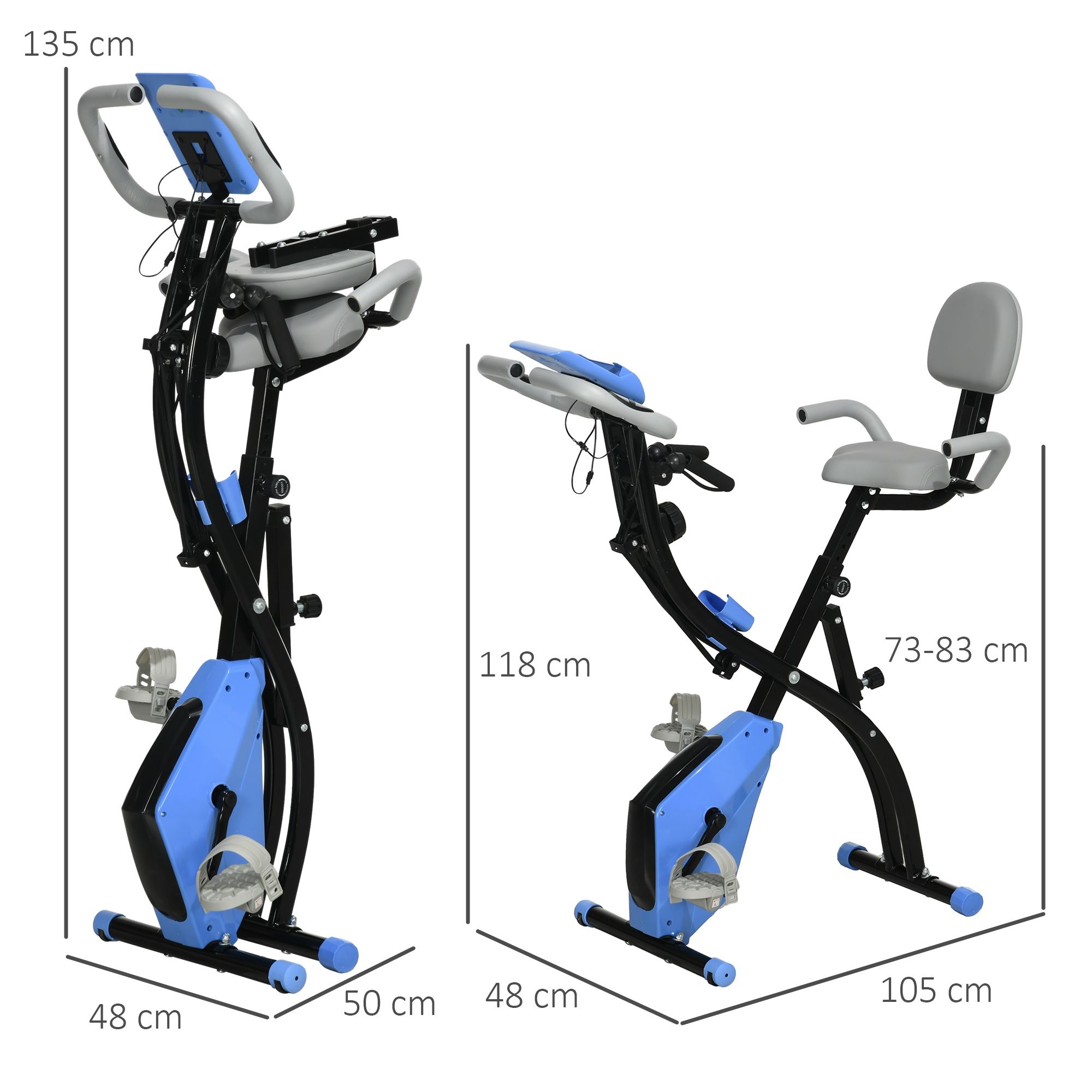 Fahrradtrainer, blau-schwarz, gefaltet und entfaltet. Maße: 135x48x50 cm, 118x48x105 cm, 73-83 cm.