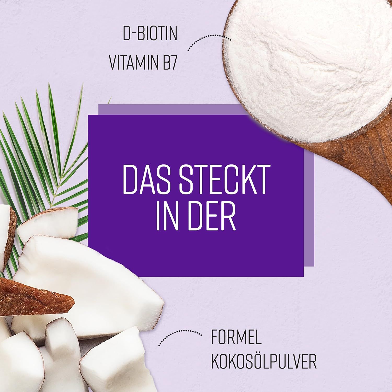 Pulver in Löffel, Kokosnussstücke und ein Blatt. D-Biotin und Kokosölpulver sind aufgeführt.