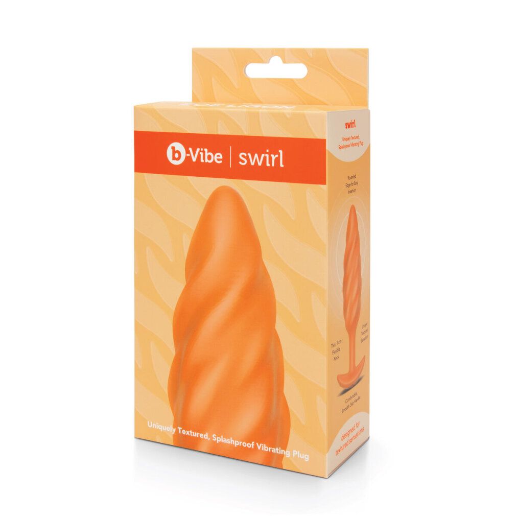 Verpackung von B-vibe Swirl. Orangefarbener Plug-Umriss auf der Verpackung. Text: Uniquely Textured, Splashproof Vibrating Plug.