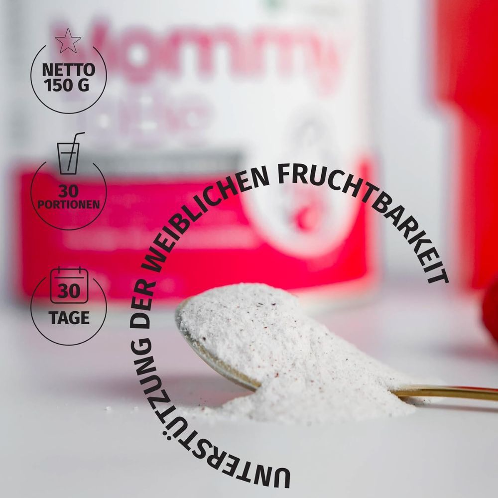 Löffel mit Pulver vor Dose Nature's Finest Mommy ToBe. Text: Unterstützung der weiblichen Fruchtbarkeit. 30 Portionen, 30 Tage.
