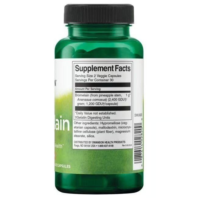 Rückseite der grünen Flasche. Aufschrift: Supplement Facts. Enthält Bromelain, 1 g, pro Portion.