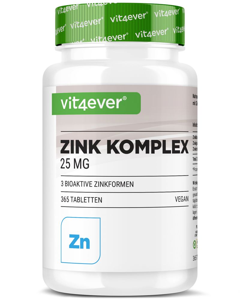 Weiße Flasche mit grünem Deckel. Aufschrift: Zink Komplex 25 mg. 365 Tabletten. Vegan.