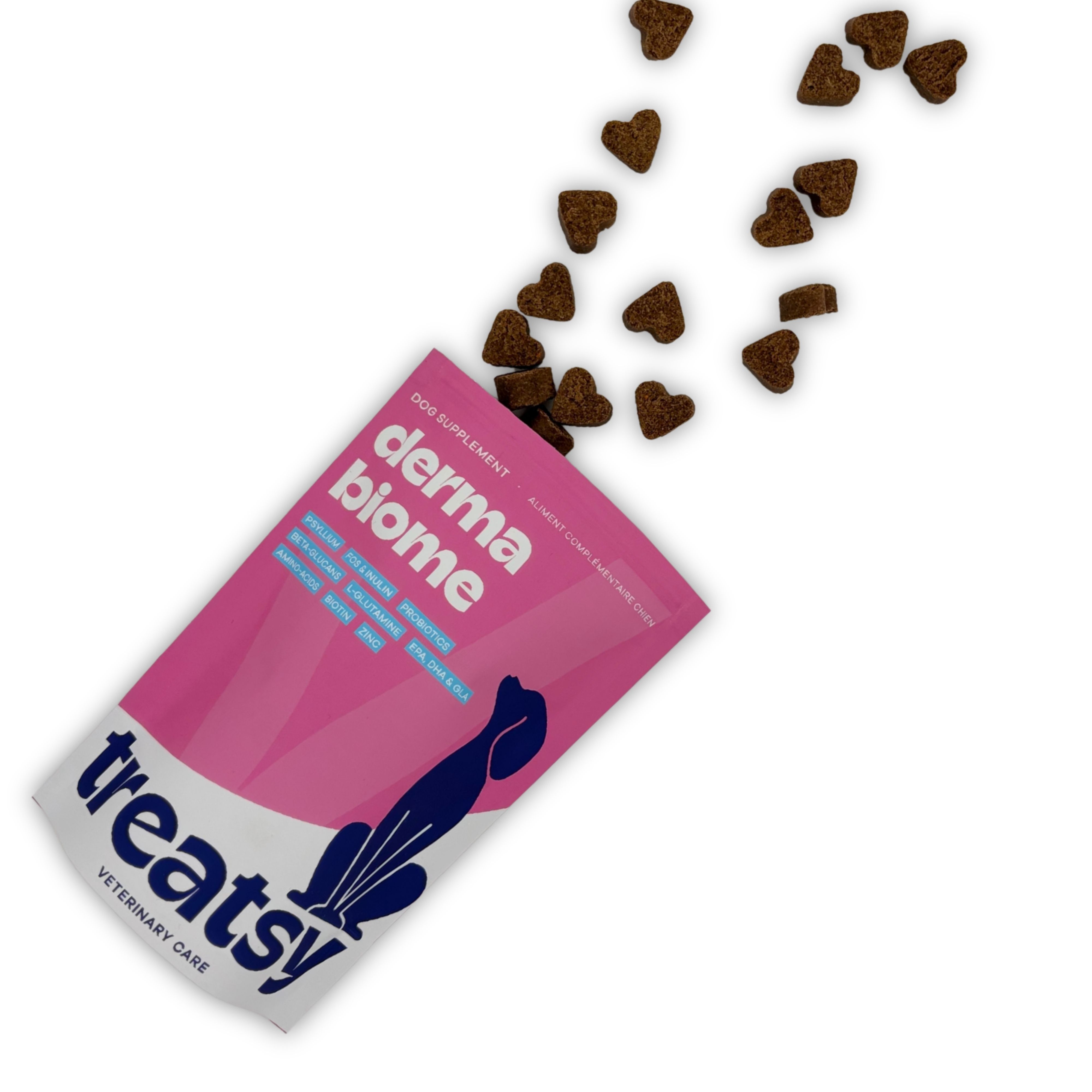 Rosa Beutel mit „derma biome“ und „Treatsy“. Herzförmige Leckerlis fallen aus dem Beutel.