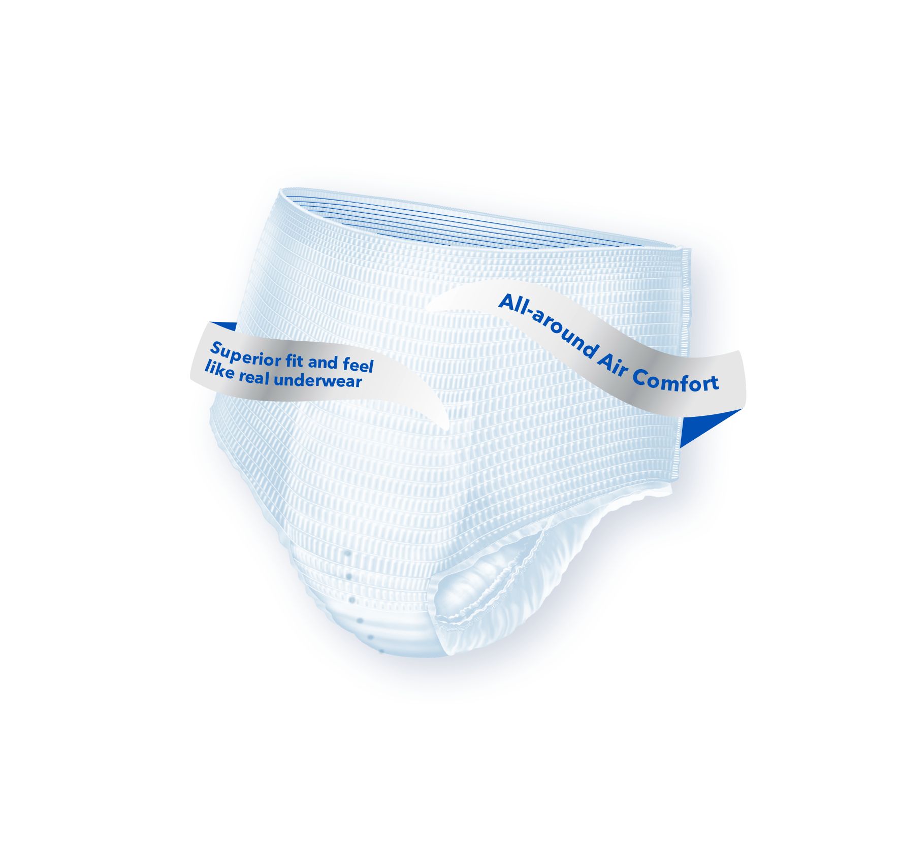 Weiße Attends® Pull-Ons. Schriftzüge: 'Superior fit and feel' und 'All-around Air Comfort'.