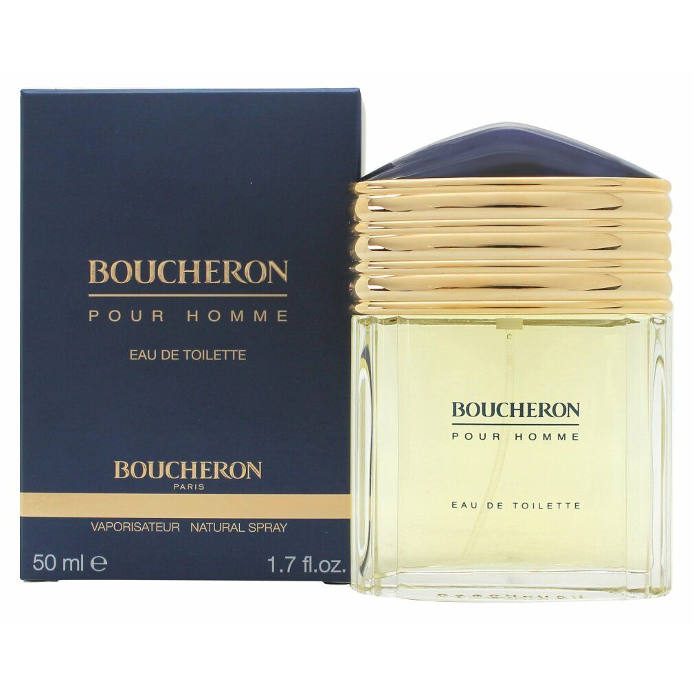 Boucheron Pour Homme Eau de Toilette. Flakon und Verpackung. Rechteckiger Flakon mit goldfarbenem Verschluss. Blaue Verpackung mit Schriftzug.