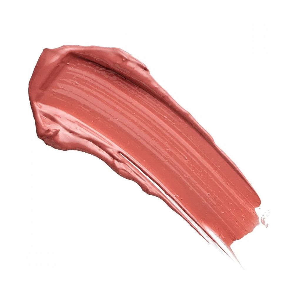 Ausgebreiteter, rosafarbener Lipgloss-Strich auf weißem Hintergrund. Textur sichtbar.