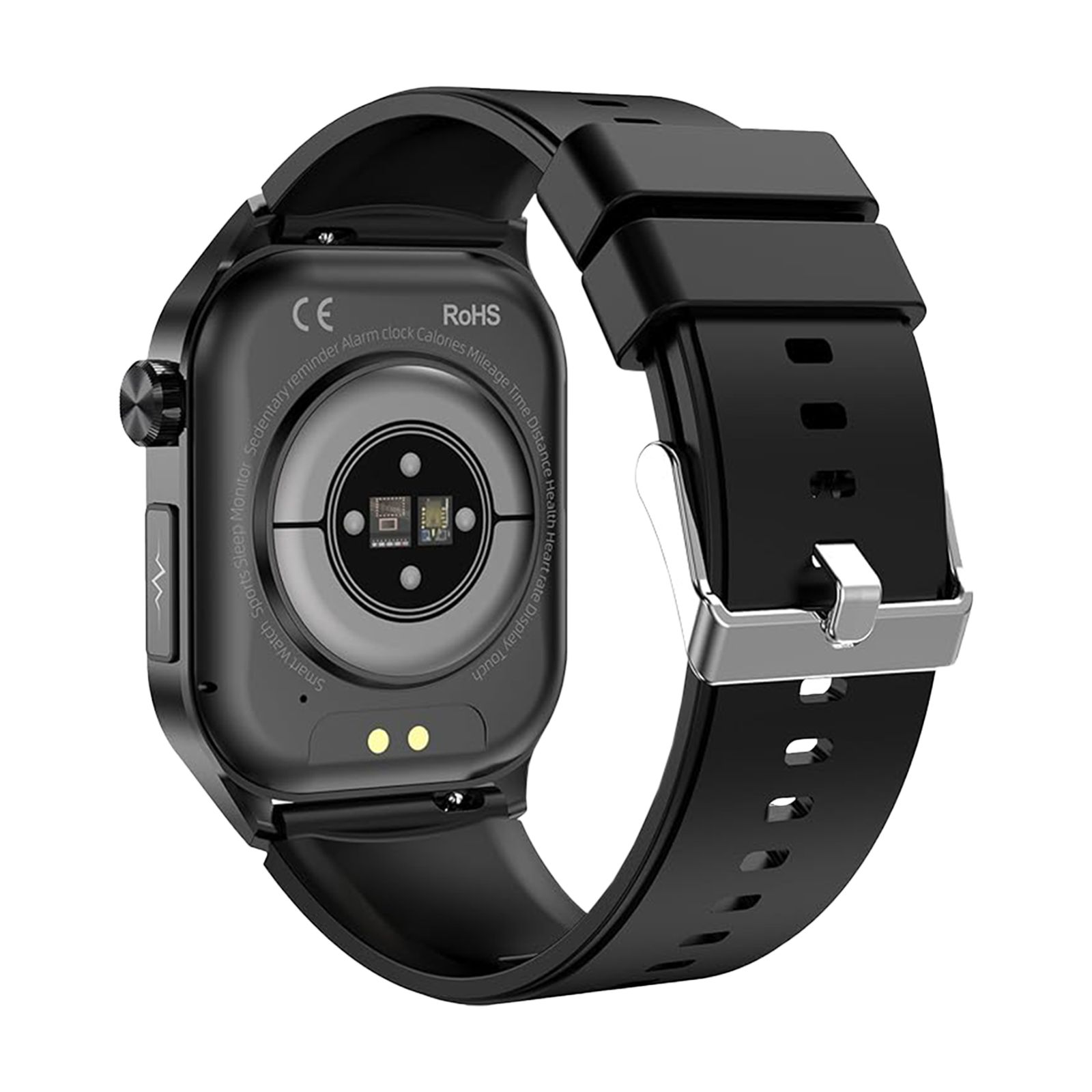 Rückseite der schwarzen Gesundheitsuhr. Mit Sensoren, CE-Kennzeichnung und Armbandanschluss.