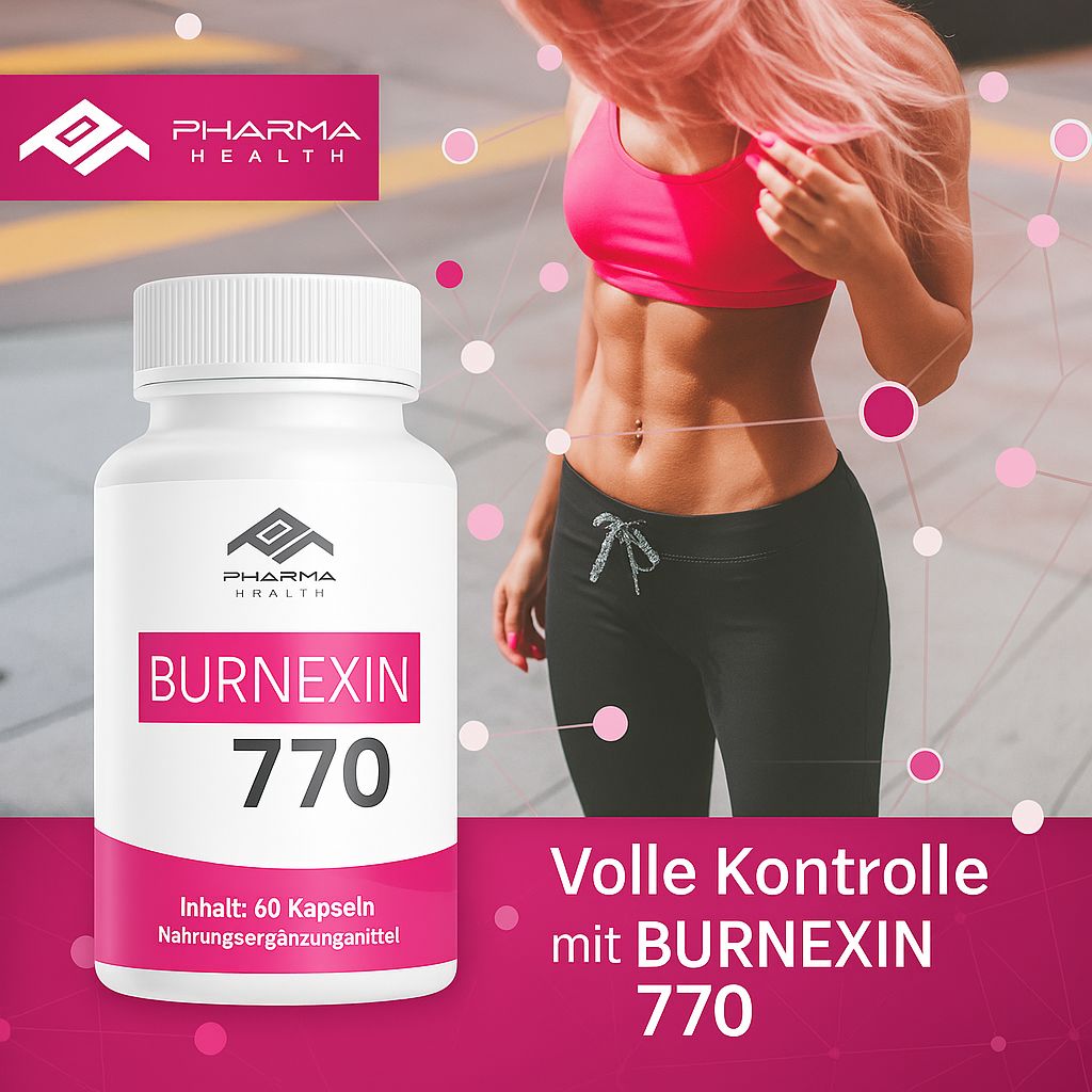 Weiße Kapsel-Dose mit rosa Etikett. Aufschrift: BURNEXIN 770, Pharma Health Logo. Frau im Hintergrund.