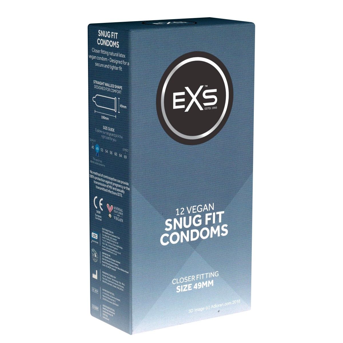 Schachtel mit 12 veganen EXS Snug Fit Kondomen. Aufschrift: Closer Fitting, Größe 49mm. Mit CE-Kennzeichnung.