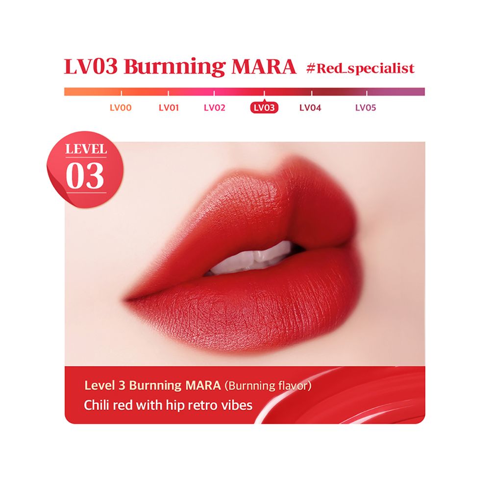Lippen mit rotem Lip Tint. Text: LV03 Burnning MARA. Farbauswahl.