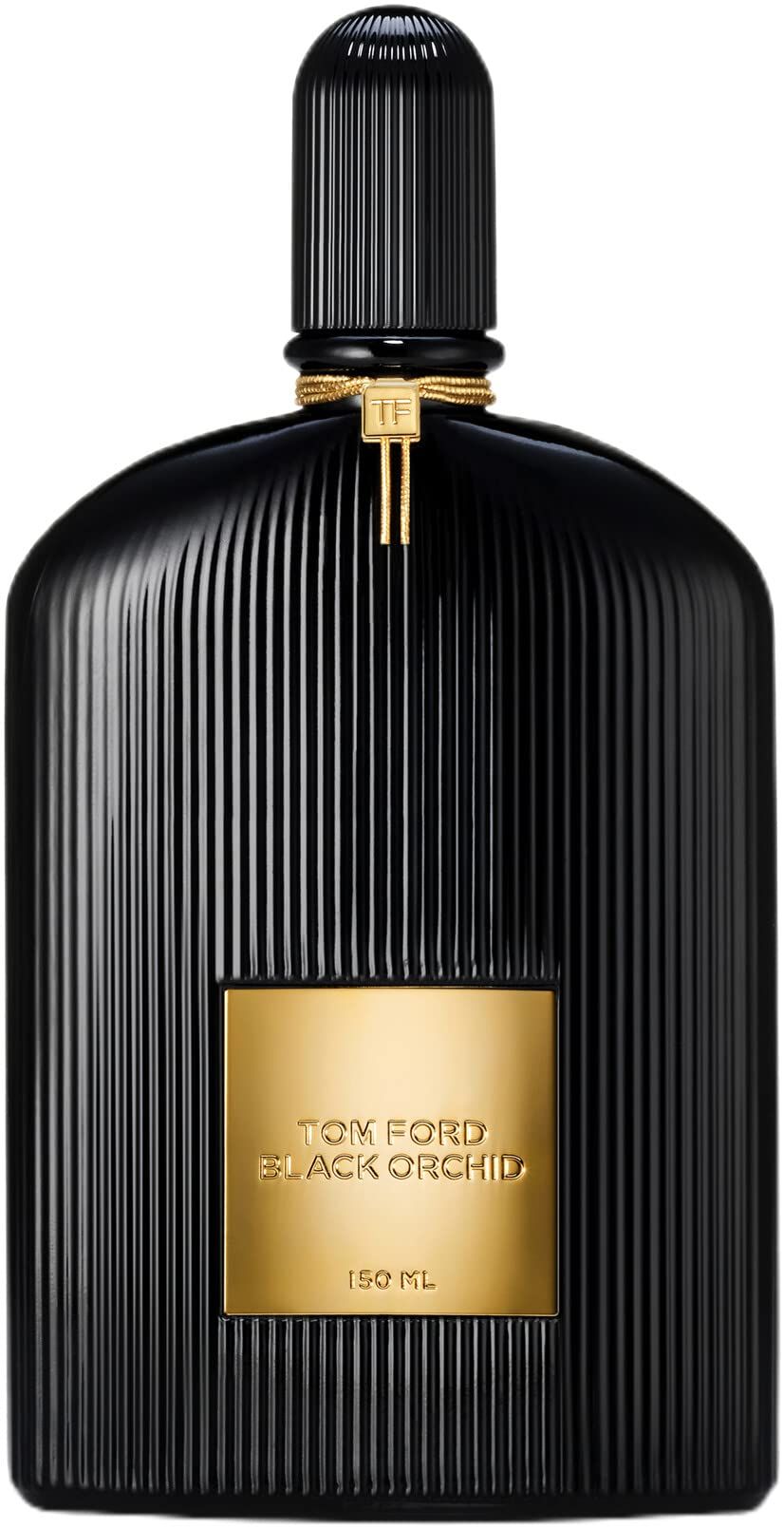 Schwarzer Flakon mit geriffelter Oberfläche. Goldfarbenes Etikett mit Text: Tom Ford Black Orchid 150 ml.