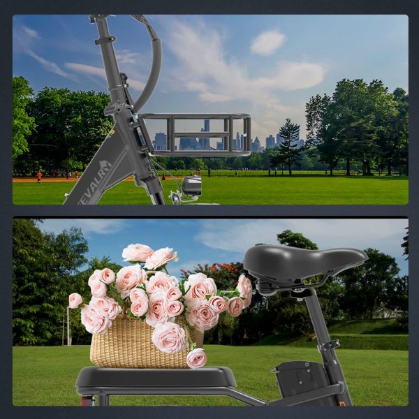 Zwei Bilder: Elektrofahrrad mit Korb vor Stadtlandschaft und Korb mit Blumen auf dem Gepäckträger.