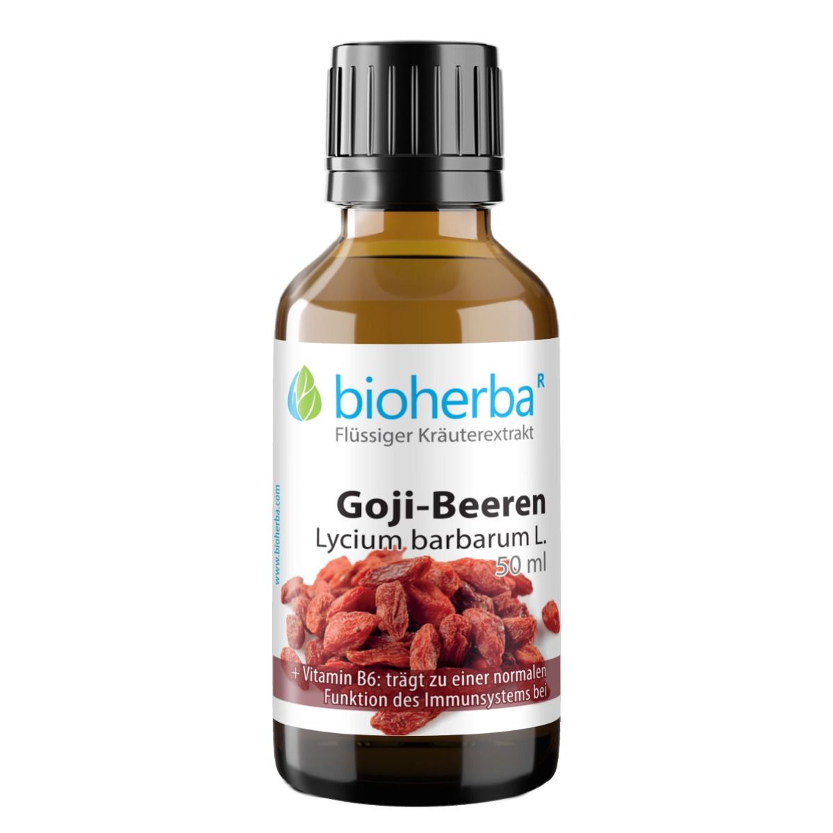Braune Glasflasche mit schwarzem Schraubverschluss. Etikett: Bioherba, Goji-Beeren, Lycium barbarum L., 50 ml. Rote Beeren abgebildet.