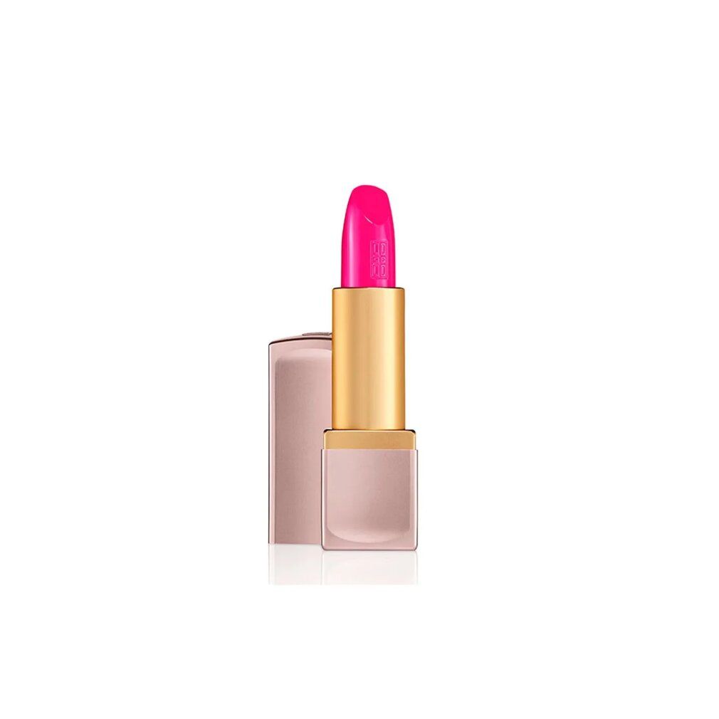 Lippenstift mit pinkfarbener Spitze und goldfarbenem Gehäuse. Der Lippenstift ist teilweise aus der rosafarbenen Hülse herausgedreht.