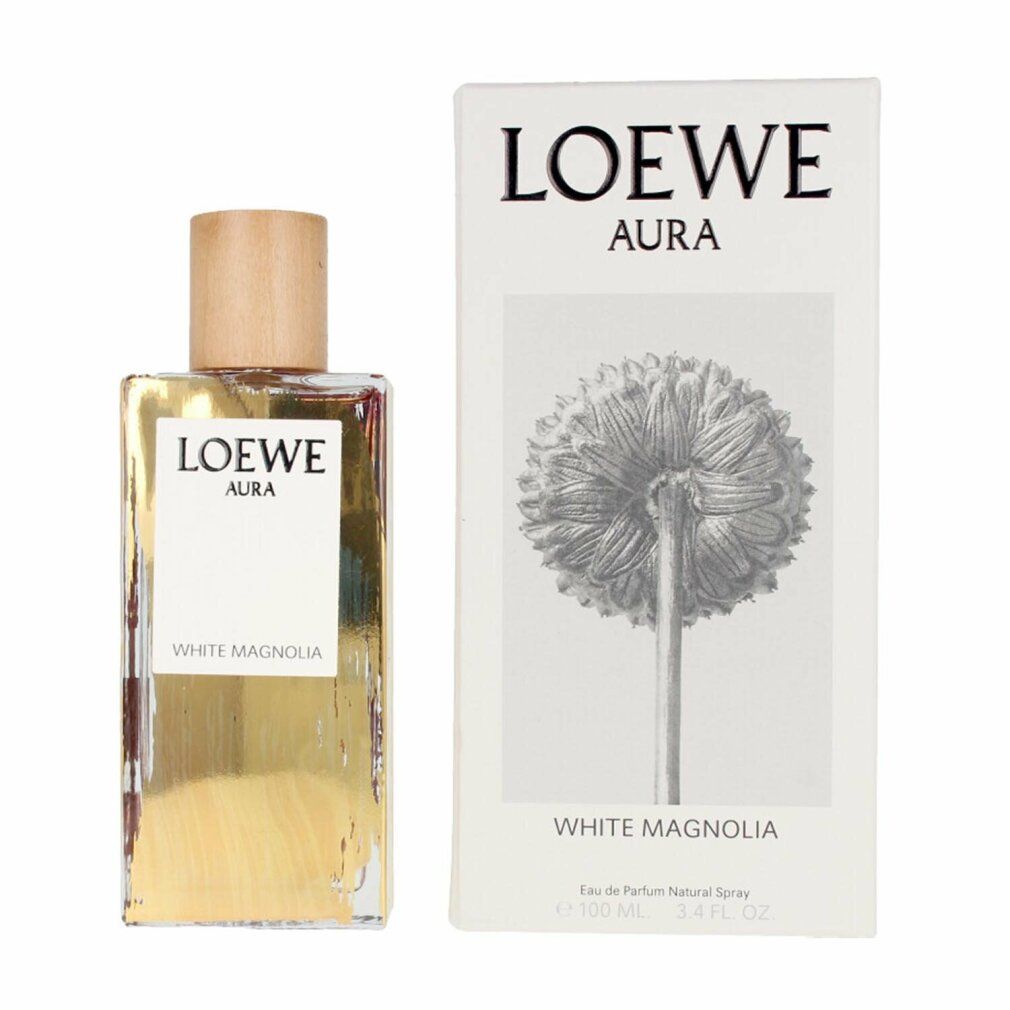 Parfümflakon und Verpackung. Auf dem Etikett steht LOEWE AURA White Magnolia. Verpackung mit Blume.