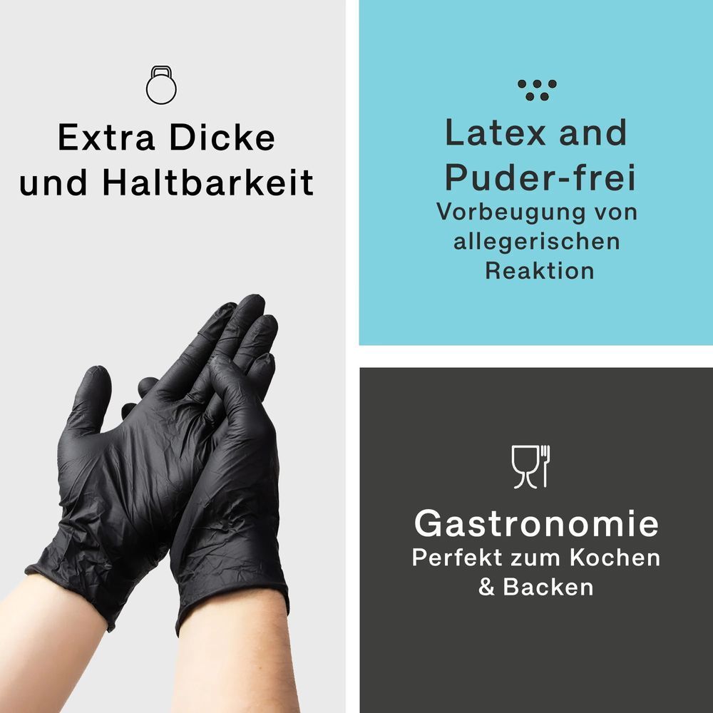 Zwei Hände mit schwarzen Handschuhen. Text: Extra Dicke und Haltbarkeit, Latex- und puderfrei, Gastronomie.