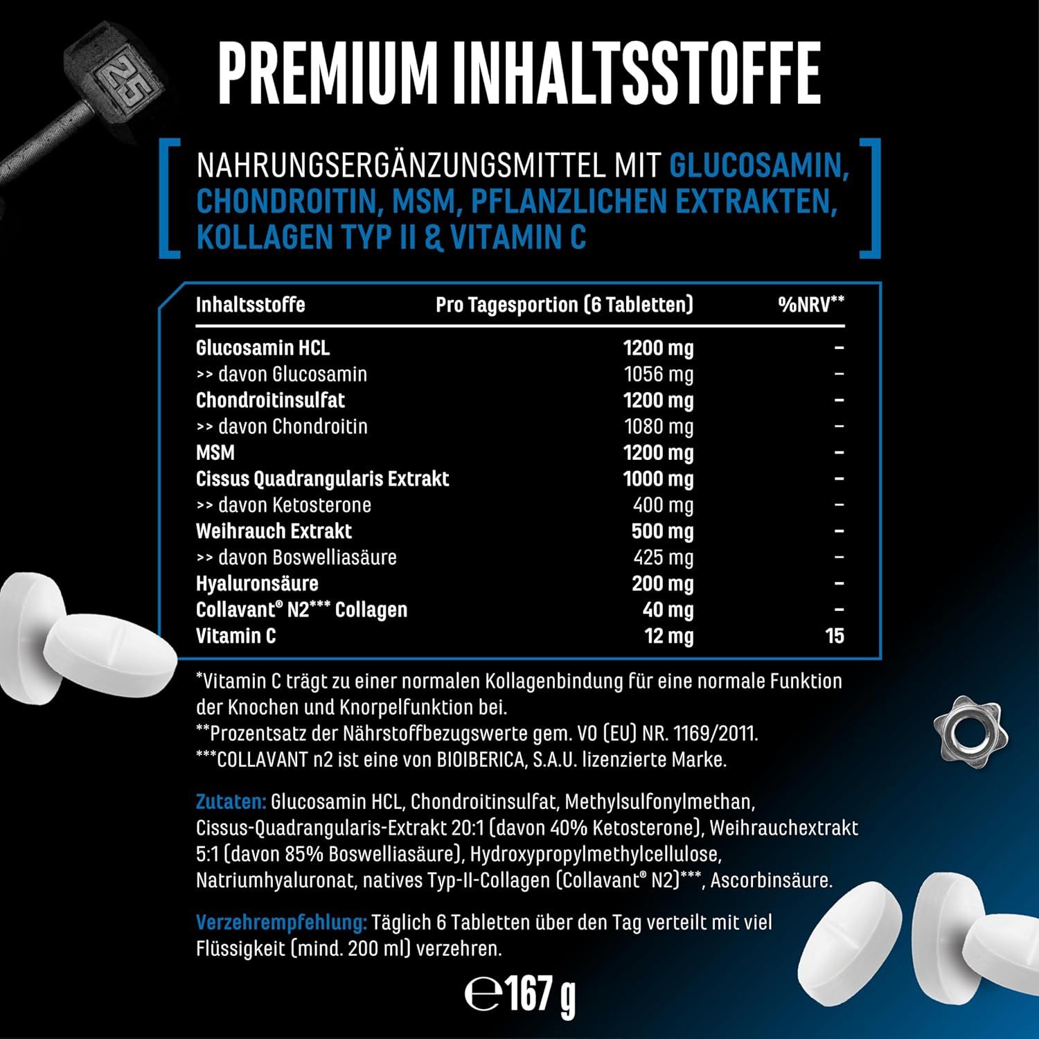 Premium Inhaltsstoffe: Nahrungsergänzungsmittel mit Glucosamin, Chondroitin, MSM, Pflanzenextrakten, Kollagen Typ II & Vitamin C.