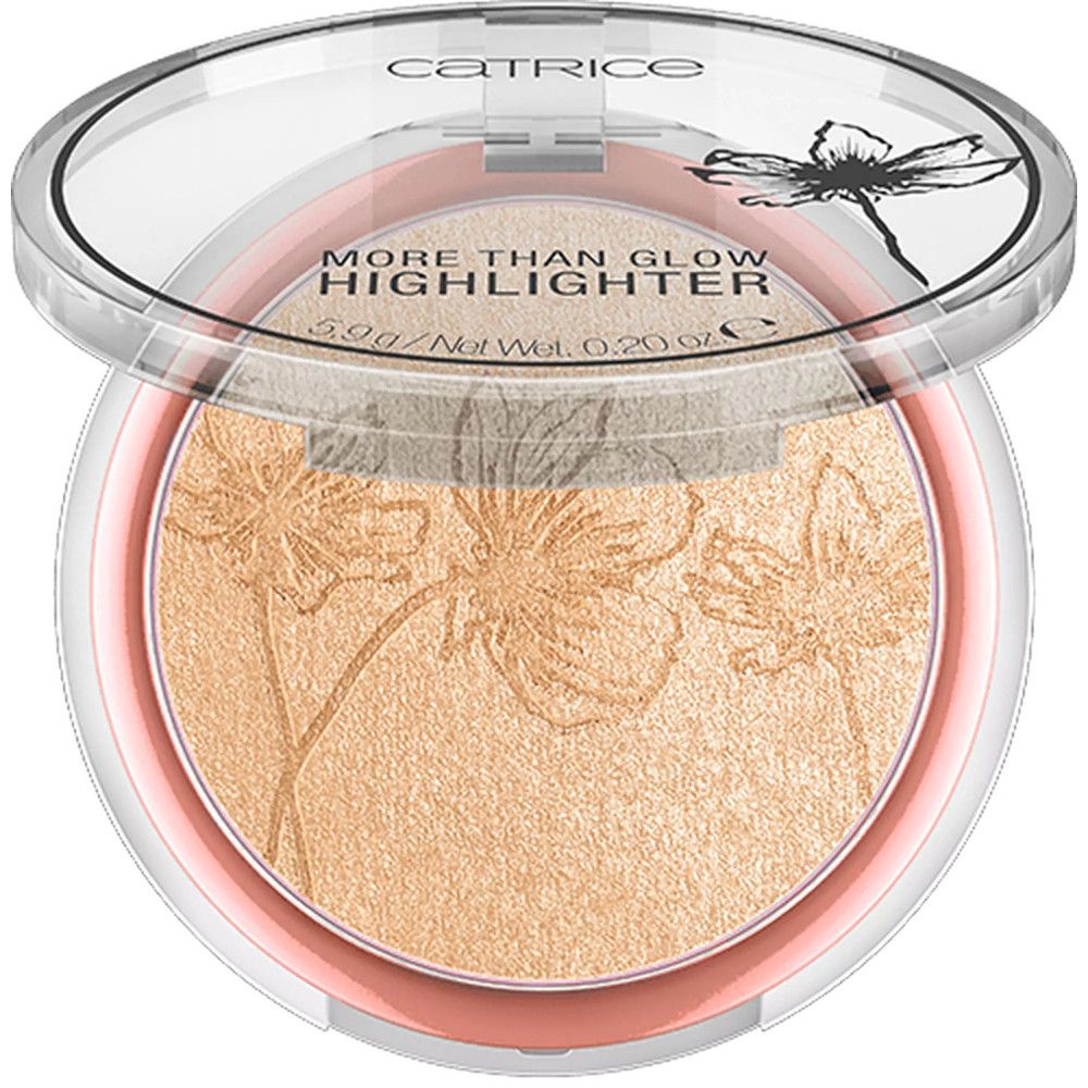 Highlighter-Kompaktpuder in runder Dose. Transparenter Deckel. Aufschrift: Catrice, More Than Glow Highlighter. Blumenmuster.
