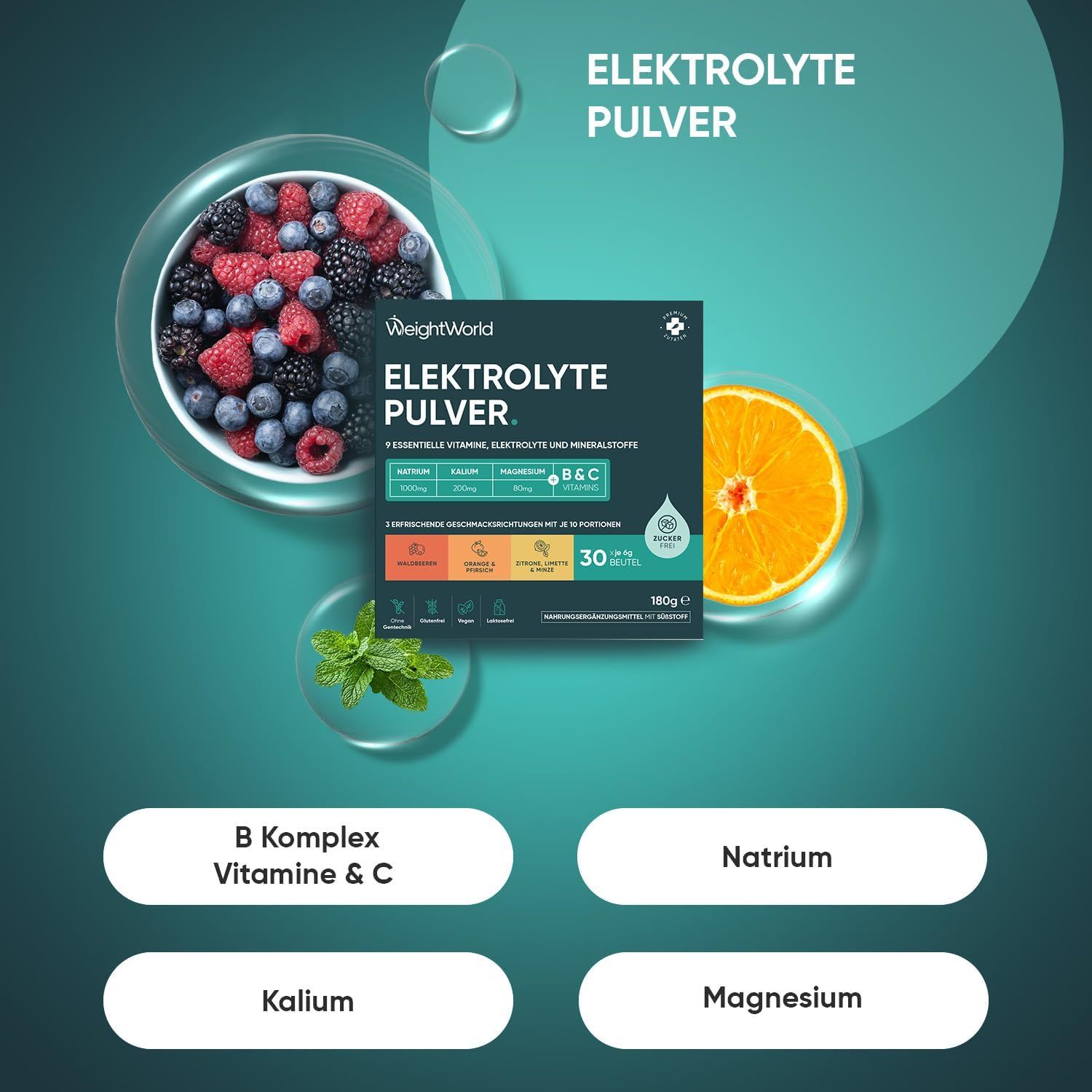 Packung WeightWorld Elektrolyte Pulver, mit Früchten und Minze. Enthält 30 Beutel. Enthält B-Komplex, Vitamin C, Natrium, Kalium und Magnesium.