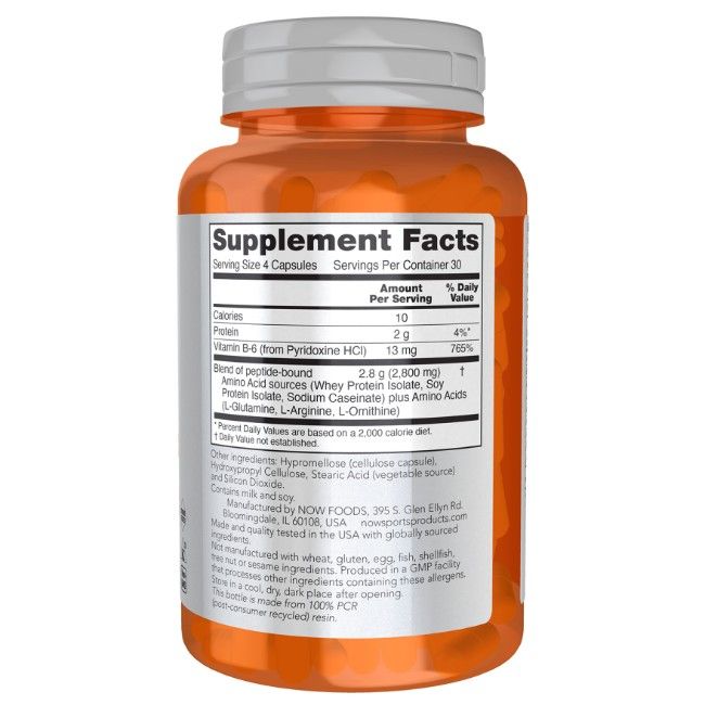 Rückseite eines orangefarbenen Behälters mit Nährwertangaben für „Now Foods Amino Complete“. Enthält 30 Portionen.