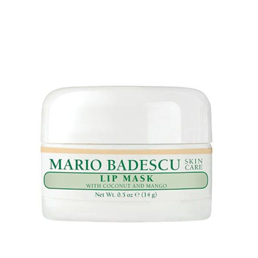 Weißer Tiegel mit Deckel. Aufschrift: Mario Badescu Skin Care, Lip Mask with Coconut and Mango. Nettogewicht 0.5 oz (14 g).