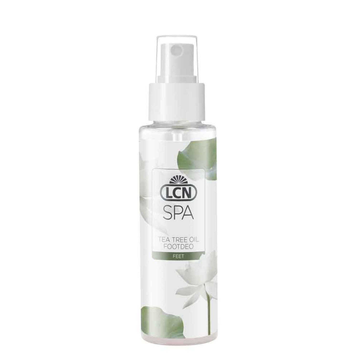 Klarer Sprühflakon mit weißem Sprühkopf. Aufschrift: LCN SPA, Tea Tree Oil Footdeo, Feet. Mit floralem Design.