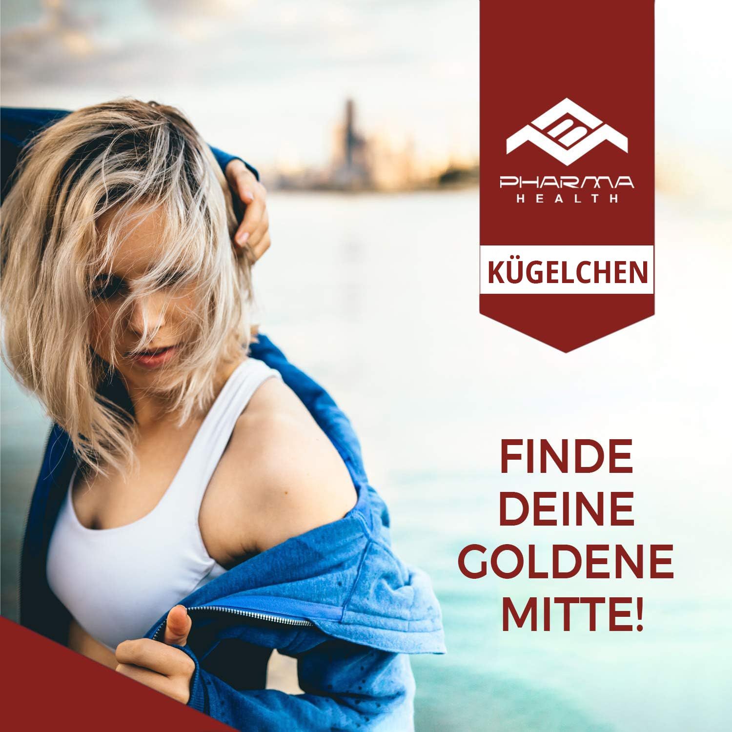 Frau in Sportkleidung. Hintergrund: Stadtlandschaft. Text: "Pharma Health", "Finde deine goldene Mitte!"
