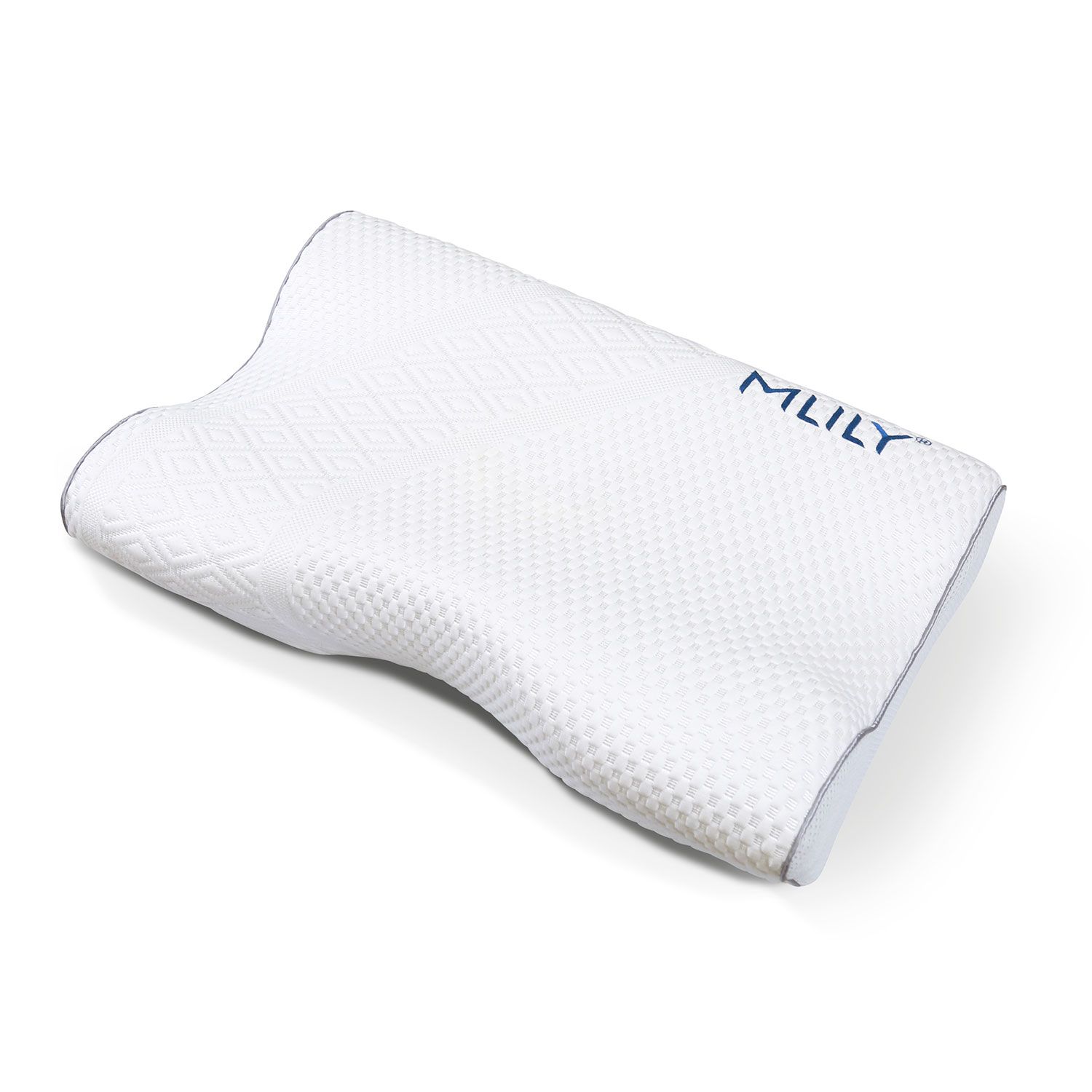 Weißes Kissen mit MLILY-Logo. Anatomische Form. Auf weißem Hintergrund.